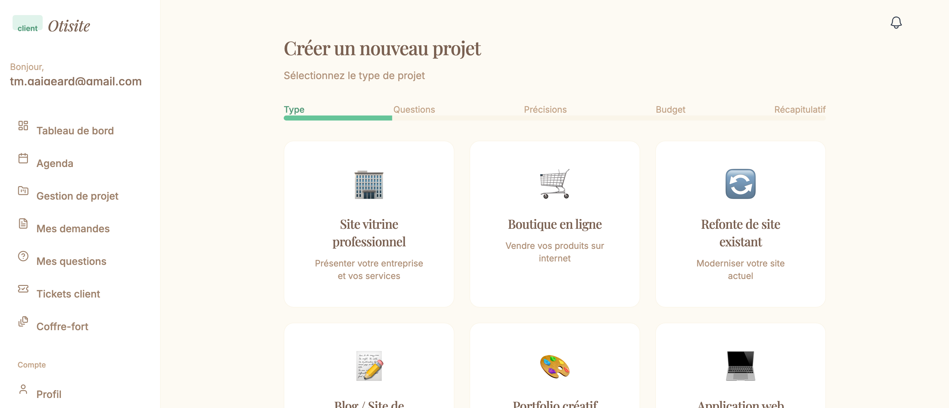 Création d'un nouveau projet dans l'espace client Les Sables Web