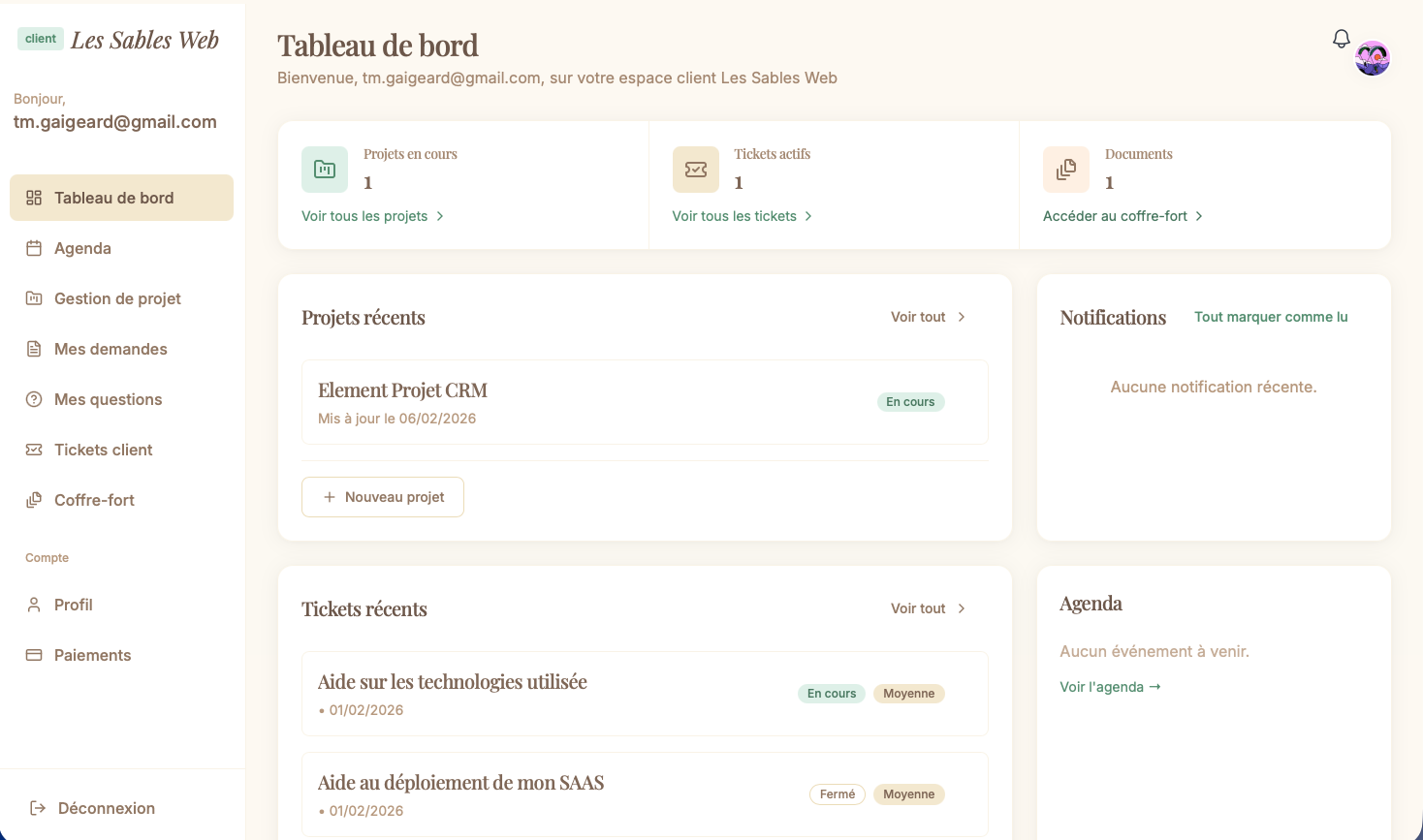 Aperçu du portail client Les Sables Web